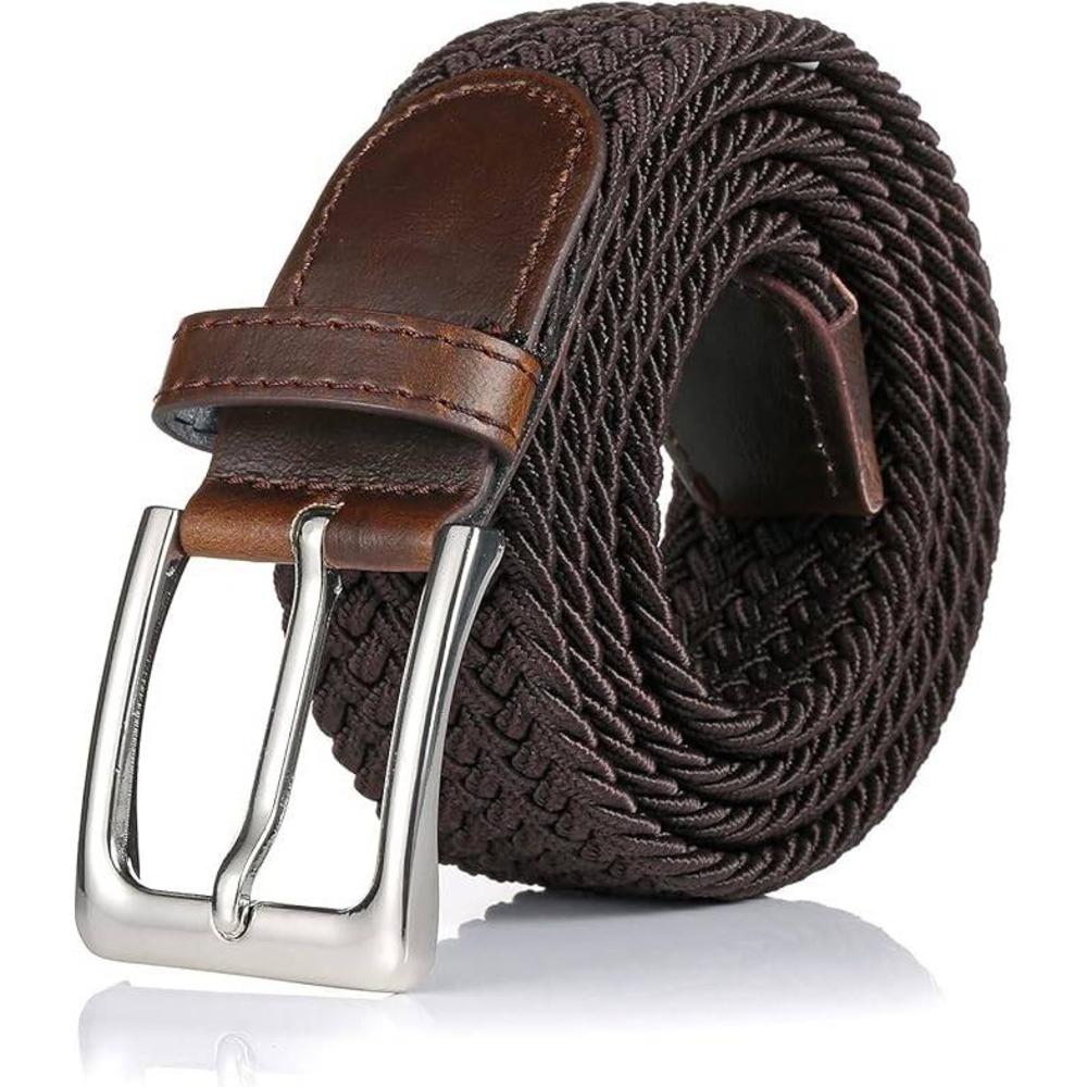 NEW Men's Braided Elastic Stretch Belt Coffee Brown Silver Buckle 45in